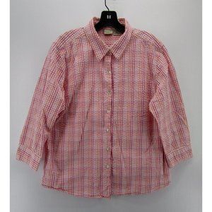 LL BEAN Plaid Seersucker 3/4 Bracelet Sleeve Button Shirt Blouse Top